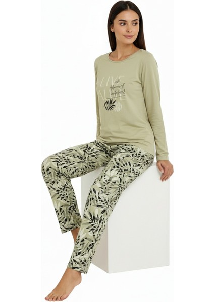 Üstü Yazılı Altı Yaprak Desenli Elite Viscose Pijama Takımı Uzun Yeşil 3559 fırsatları
