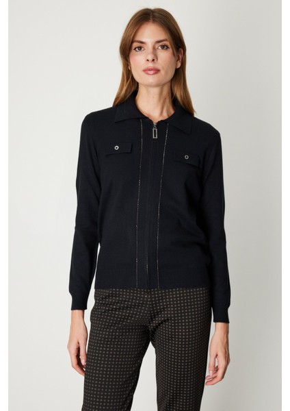 Kadın Taş Şeritli Triko Hırka 65922 Siyah