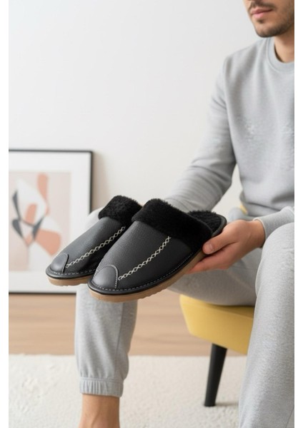 Bets Pofuduk Suni Deri Içi Kürklü Erkek Ev Terliği Ses Yapmaz Taban Misafir Terliği