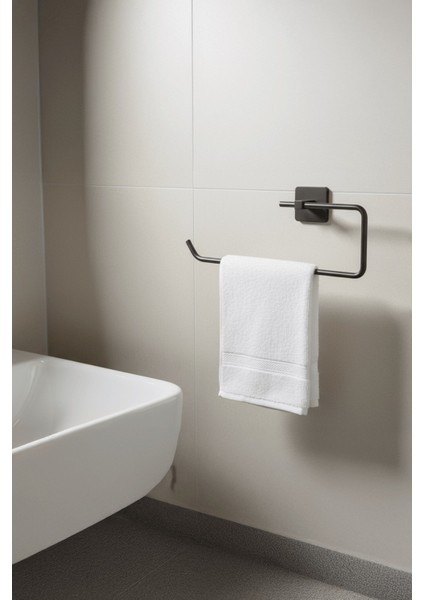 Siyah Yapışkanlı Solo Havluluk – Kare Topuzlu, (Yapıştır/vidala) Montajlı Metal Banyo Askısı - (S-110) - Kts