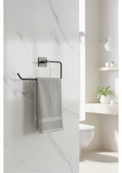Siyah Yapışkanlı Solo Havluluk – Kare Topuzlu, (Yapıştır/vidala) Montajlı Metal Banyo Askısı - (S-110) - Kts modelleri