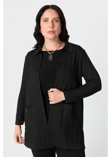 Büyük Beden Polo Yaka Triko Hırka-Siyah