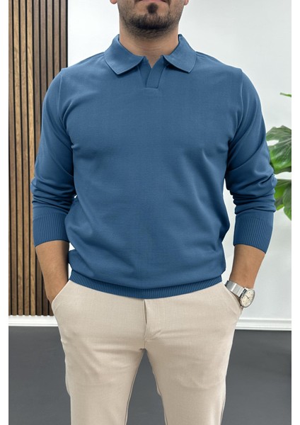 Erkek Açık Yaka Düz Desen Normal Kalıp Kazak Petrol EDW423