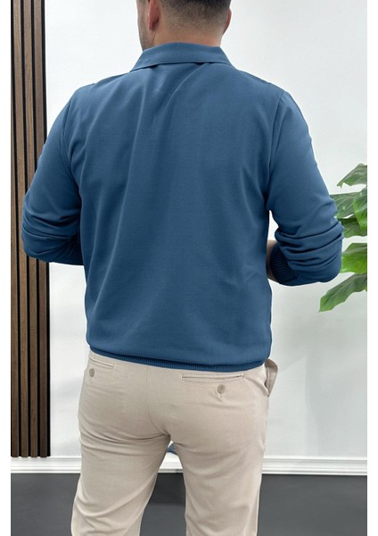 Erkek Açık Yaka Düz Desen Normal Kalıp Kazak Petrol EDW423 modelleri