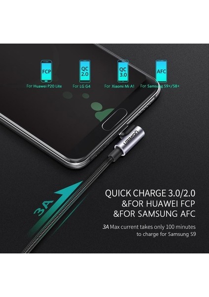 Usb-C To Usb-A 3A Qc 90 Derece Hızlı Şarj Kablosu, 2 Metre, Uzay Girişi, 50942 modelleri