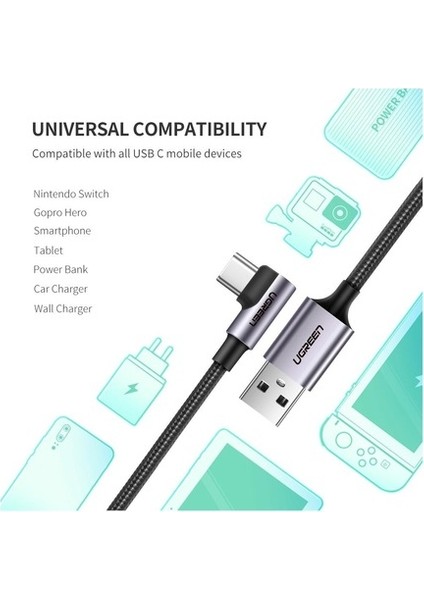 Usb-C To Usb-A 3A Qc 90 Derece Hızlı Şarj Kablosu, 2 Metre, Uzay Girişi, 50942 indirimleri