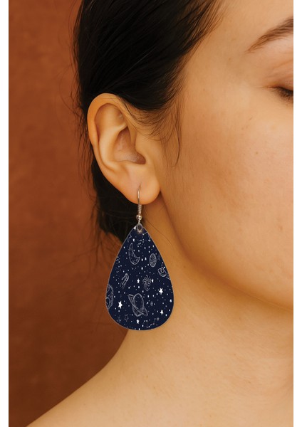 Kadın- Küpe Desenli Stilist Kancalı Baskılı Küpe Damla Şeffaf Gezegenler