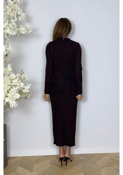 G1591 Yaka Detaylı Simli Abiye Elbise Bordo modelleri