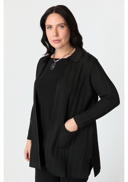 Büyük Beden Polo Yaka Triko Hırka-Siyah modelleri