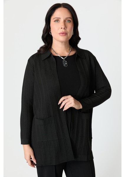 Büyük Beden Polo Yaka Triko Hırka-Siyah fırsatları