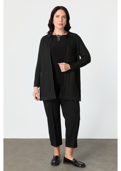 Büyük Beden Polo Yaka Triko Hırka-Siyah indirimleri