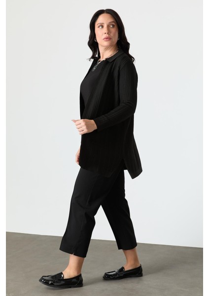 Büyük Beden Polo Yaka Triko Hırka-Siyah