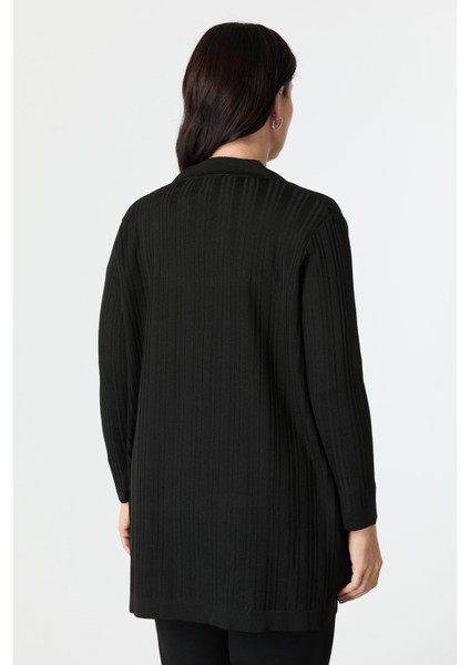 Büyük Beden Polo Yaka Triko Hırka-Siyah