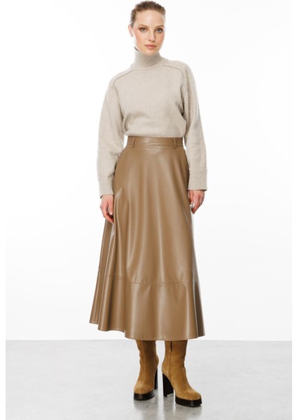 Cep Detaylı Uzun Deri Etek-Vizon