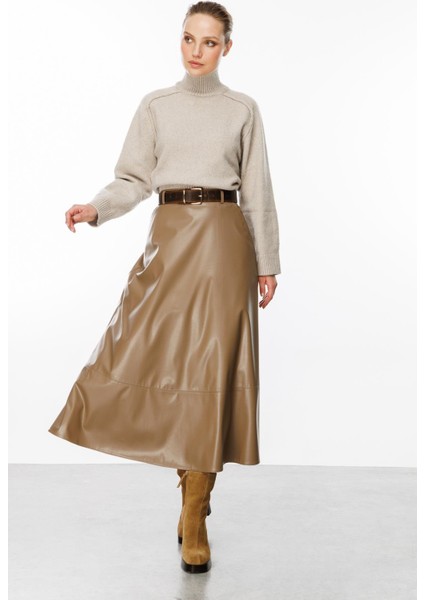 Cep Detaylı Uzun Deri Etek-Vizon fiyatları