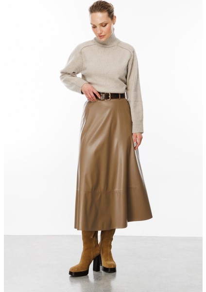 Cep Detaylı Uzun Deri Etek-Vizon modelleri