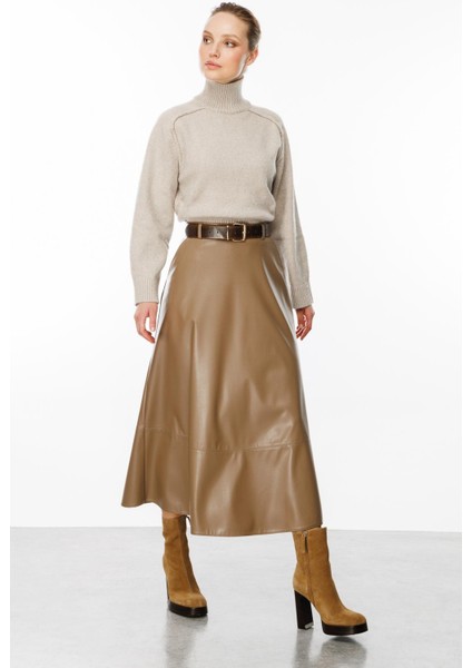 Cep Detaylı Uzun Deri Etek-Vizon fırsatları