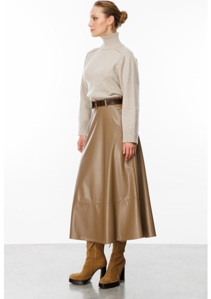 Cep Detaylı Uzun Deri Etek-Vizon indirimleri