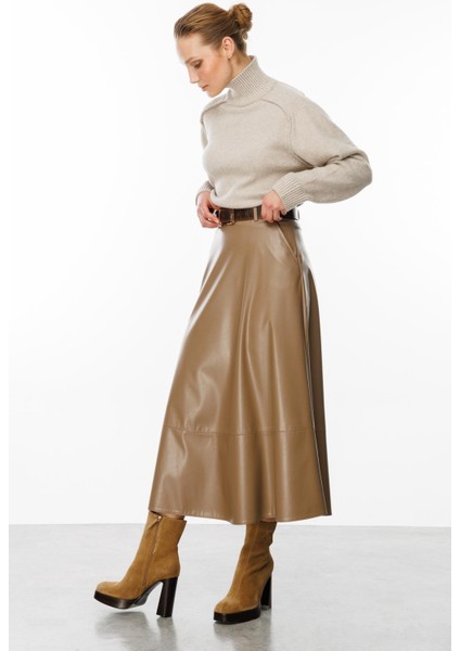 Cep Detaylı Uzun Deri Etek-Vizon