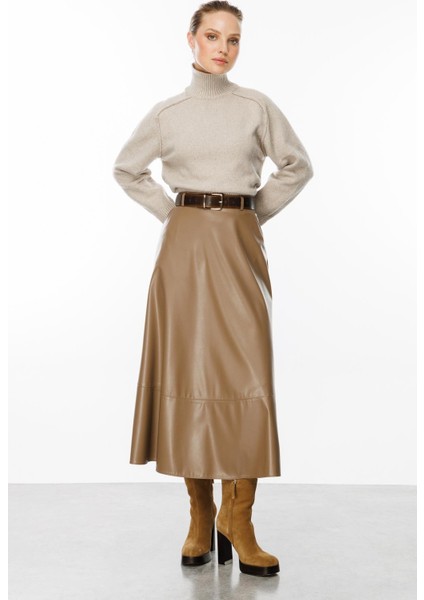 Cep Detaylı Uzun Deri Etek-Vizon