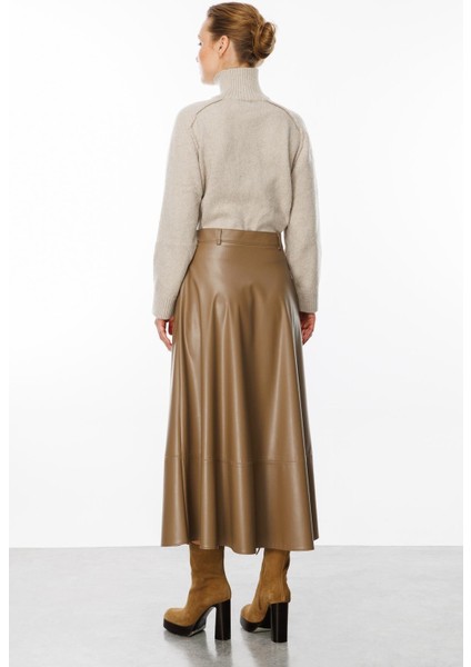 Cep Detaylı Uzun Deri Etek-Vizon