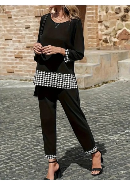 Kadın Uzun Kollu Yuvarlak Yakalı Kaz Ayağı Detaylı Viskon Iki Iplik Bluz ve Pantolon Ikili Takım