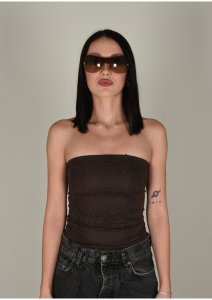 Yılan Desenli Kahverengi Straplez Crop