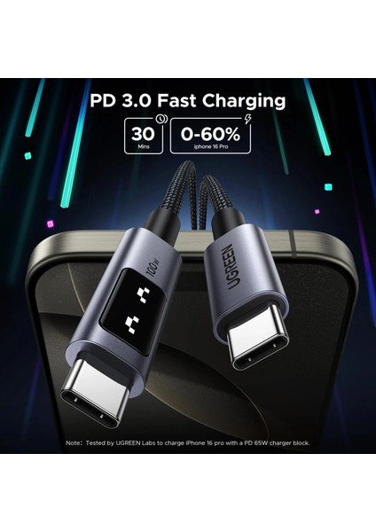 Uno Usb-C 100W 5A Qc Pd Örgülü Hızlı Şarj Kablosu, 1 Metre, Siyah, 35501 modelleri