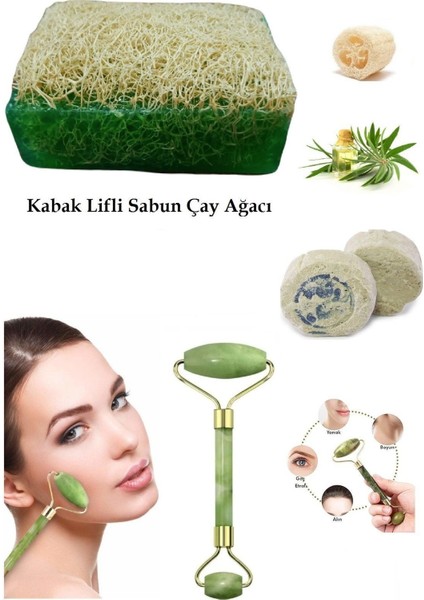 3'lü Set Kabak Lifli Sabun Çay Ağacı Çift Taraflı Yüz Masaj Aleti Peeling Sivilce Ruşu Taşı