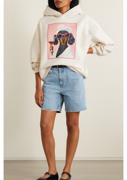 Kapüşonlu 3 Iplik Şardonlu Köpek Baskılı Hoodie