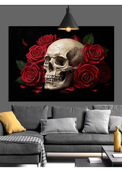 Kırmızı Güller Kafatası Karanlık Dekoratif Kanvas - Mdf Ahşap Tablo