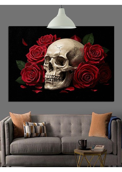 Kırmızı Güller Kafatası Karanlık Dekoratif Kanvas - Mdf Ahşap Tablo fiyatları