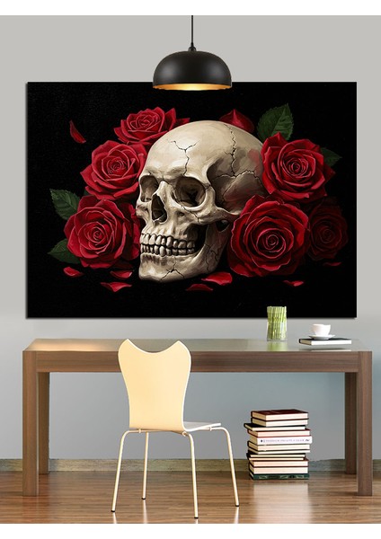 Kırmızı Güller Kafatası Karanlık Dekoratif Kanvas - Mdf Ahşap Tablo modelleri