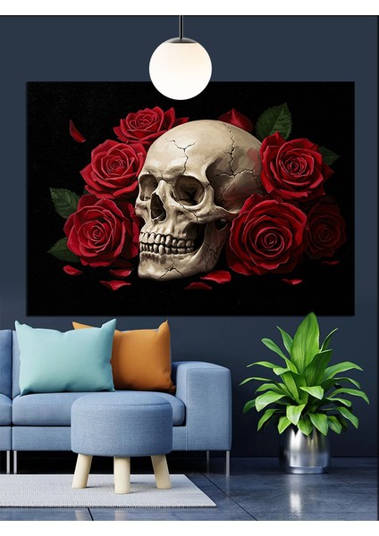 Kırmızı Güller Kafatası Karanlık Dekoratif Kanvas - Mdf Ahşap Tablo fırsatları