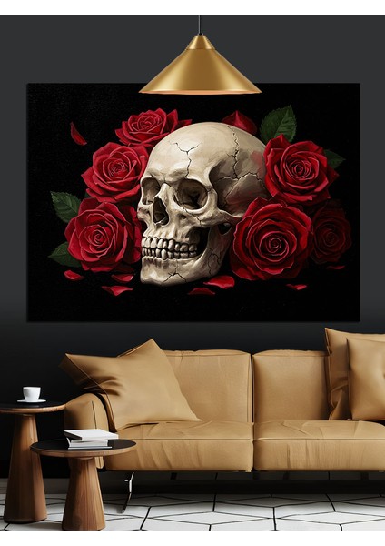 Kırmızı Güller Kafatası Karanlık Dekoratif Kanvas - Mdf Ahşap Tablo indirimleri