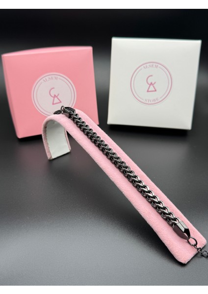 Gümüş Renk Çift Sıra Örgü Zincir Bileklik , Paslanmaz Çelik Şık Erkek Bileklik Siyah