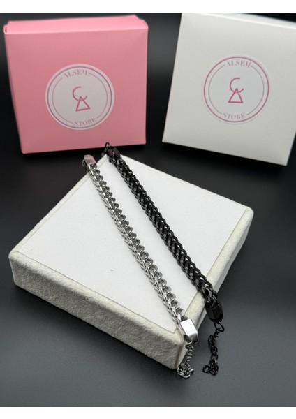 Gümüş Renk Çift Sıra Örgü Zincir Bileklik , Paslanmaz Çelik Şık Erkek Bileklik Siyah indirimleri