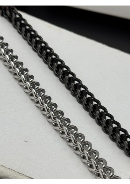 Gümüş Renk Çift Sıra Örgü Zincir Bileklik , Paslanmaz Çelik Şık Erkek Bileklik Siyah