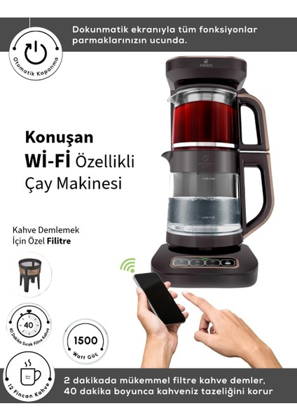 Çaysever Apple-Android Kablosuz Wi-Fi Kontrol Konuşan Cam Çay Makinesi Kahverengi-Uzaktan Çay ve Filitre Kahve Demle