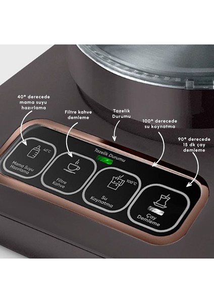 Çaysever Apple-Android Kablosuz Wi-Fi Kontrol Konuşan Cam Çay Makinesi Kahverengi-Uzaktan Çay ve Filitre Kahve Demle