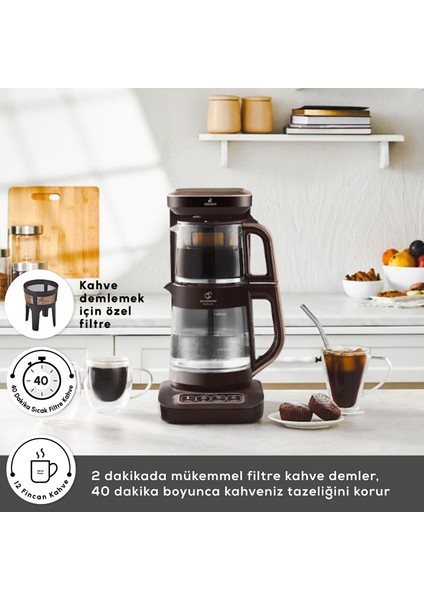 Çaysever Apple-Android Kablosuz Wi-Fi Kontrol Konuşan Cam Çay Makinesi Kahverengi-Uzaktan Çay ve Filitre Kahve Demle