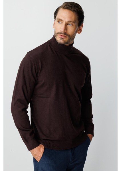 Kahve Standart Fit Dar Kalıp Yarım Balıkçı Düz Triko