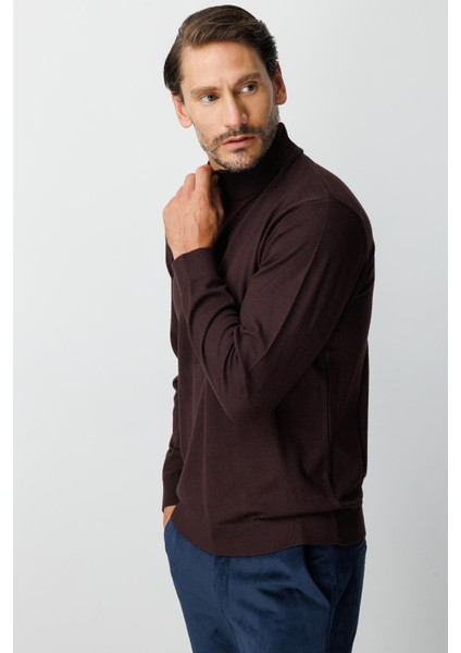 Kahve Standart Fit Dar Kalıp Yarım Balıkçı Düz Triko