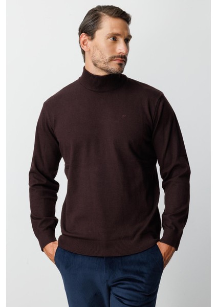 Kahve Standart Fit Dar Kalıp Yarım Balıkçı Düz Triko