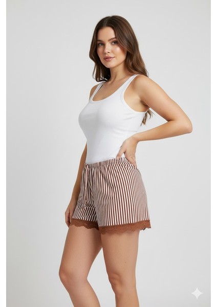 Çizgili Penye Kadın Ev Şortu Bacak Dantel Detaylı Ev Giyim Kahverengi fiyatları