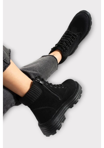 Bileği Lastikli Süet Kalın Taban Kadın Bot SİYAH fırsatları