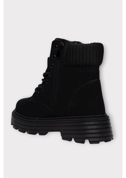 Bileği Lastikli Süet Kalın Taban Kadın Bot SİYAH