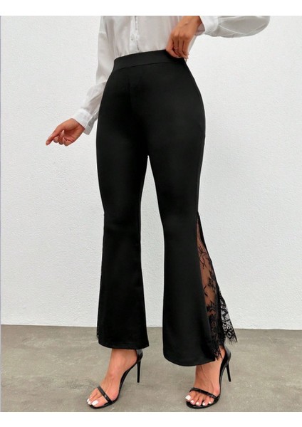 Kadın Dantel Detaylı İspanyol Paça Tayt | Siyah Yüksek Bel Yırtmaçlı Dalgıç Kumaş Flare Pantolon fiyatları