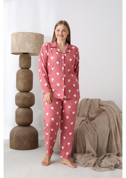 Boydan Düğmeli Süet Kumaş Büyük Beden Kadın Pijama Takımı 2170