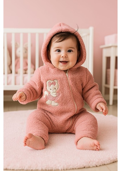 3-12 Ay Sevimli Hayvan Nakış Işlemeli Kapşonlu Fermuarlı Ekstra Yumuşak Welsoft Kuzu Tulum